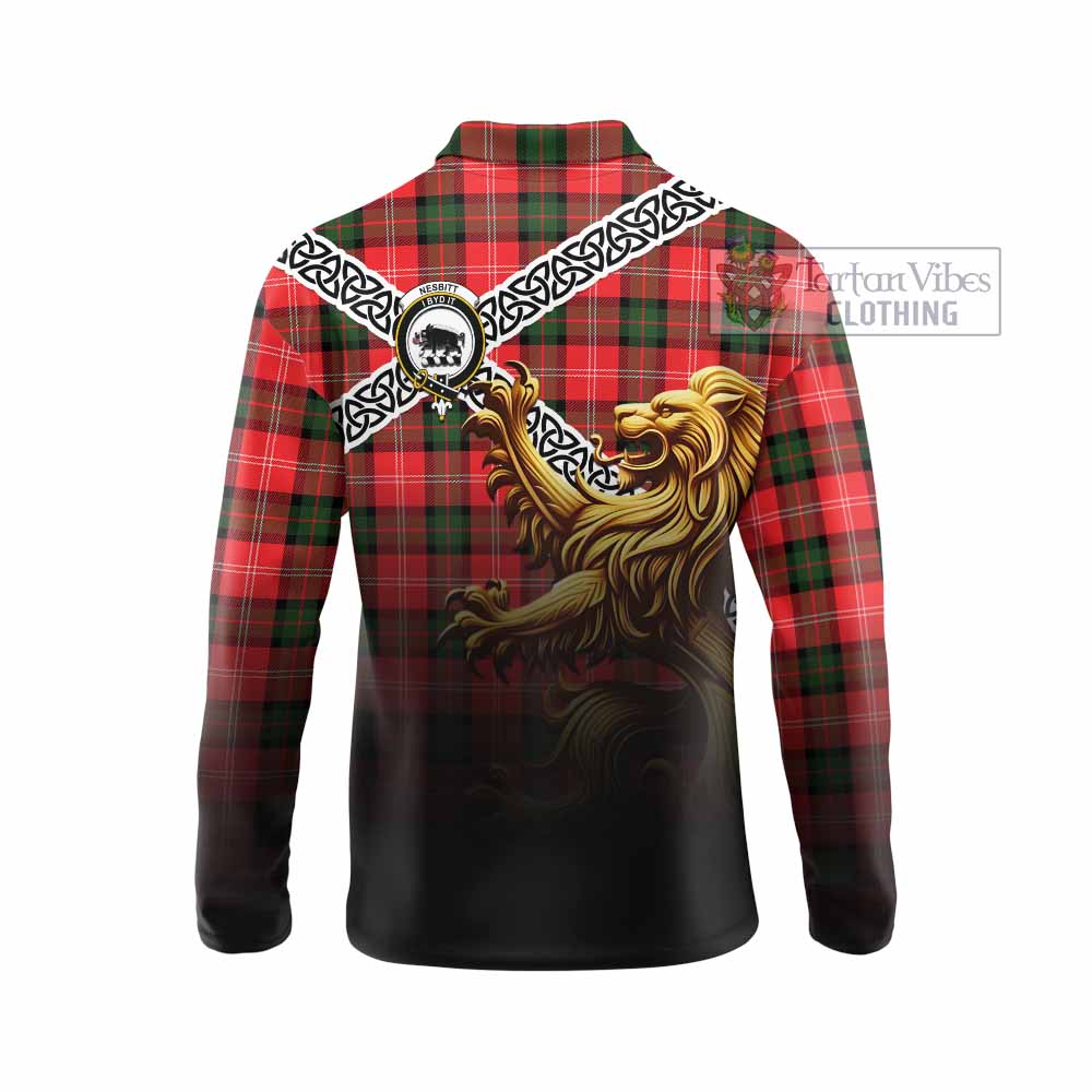 Tartan Vibes Clothing Nesbitt (Nisbet) Crest Tartan Long Sleeve Polo Shirt with Golden Lion Emblem Celtic Style