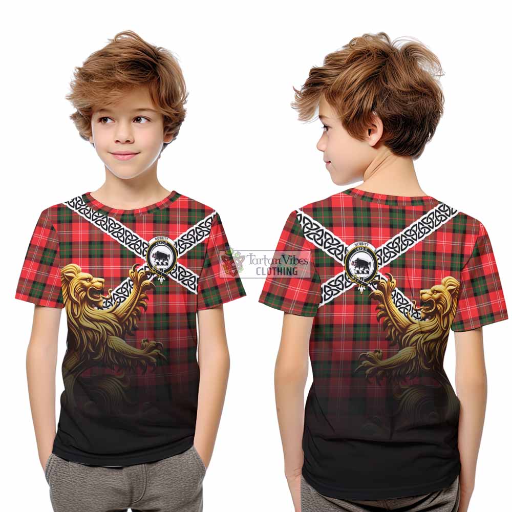 Tartan Vibes Clothing Nesbitt (Nisbet) Crest Tartan Kid T-Shirt with Golden Lion Emblem Celtic Style