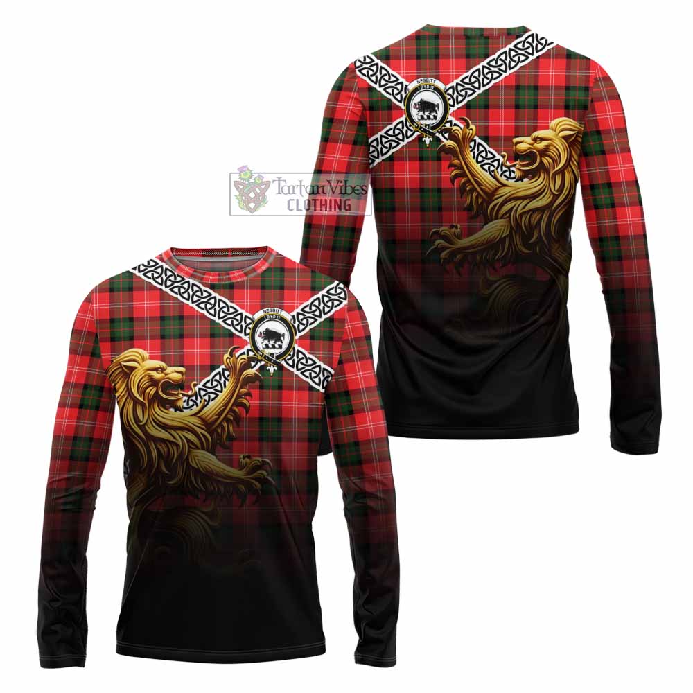 Tartan Vibes Clothing Nesbitt (Nisbet) Crest Tartan Long Sleeve T-Shirt with Golden Lion Emblem Celtic Style