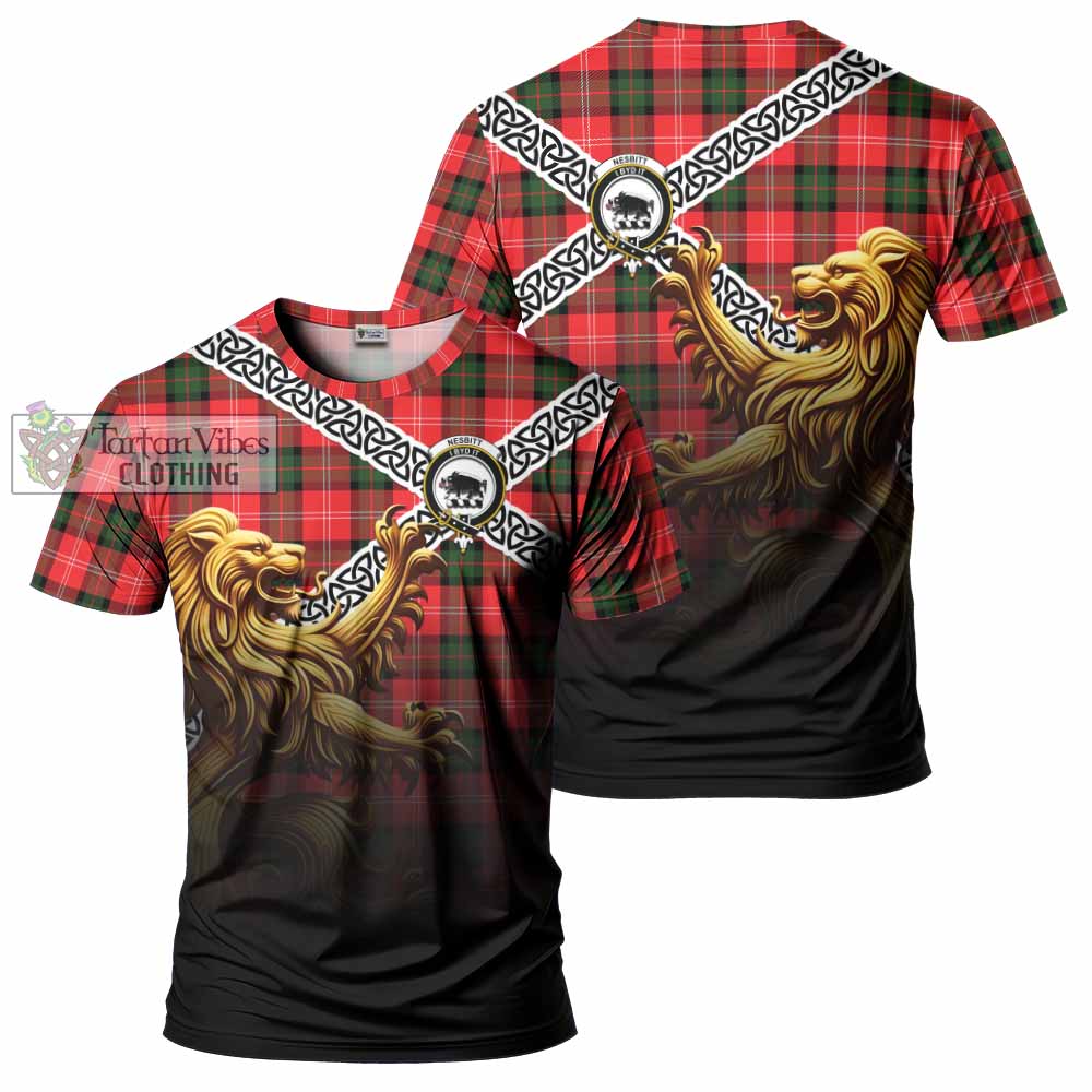 Tartan Vibes Clothing Nesbitt (Nisbet) Crest Tartan T-Shirt with Golden Lion Emblem Celtic Style