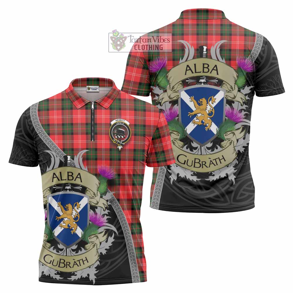 Tartan Vibes Clothing Nesbitt (Nisbet) Tartan Family Crest Zipper Polo Shirt Lion Rampant Royal Thistle Shield Celtic Inspired