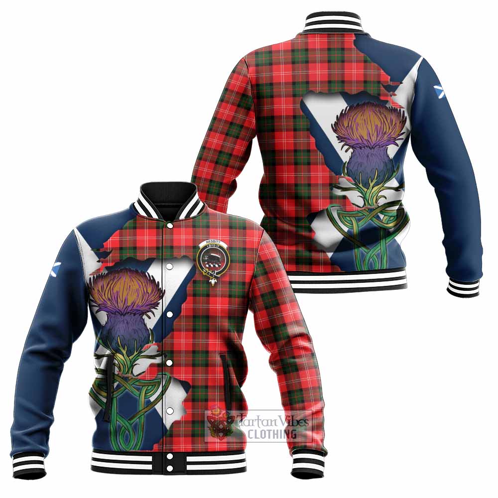 Tartan Vibes Clothing Nesbitt (Nisbet) Tartan Family Crest Baseball Jacket Scottish Thistle Celtic Inspired