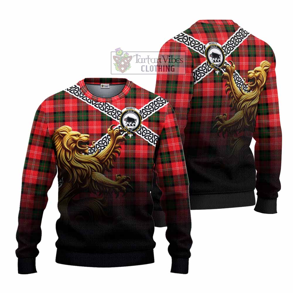 Tartan Vibes Clothing Nesbitt (Nisbet) Crest Tartan Knitted Sweater with Golden Lion Emblem Celtic Style