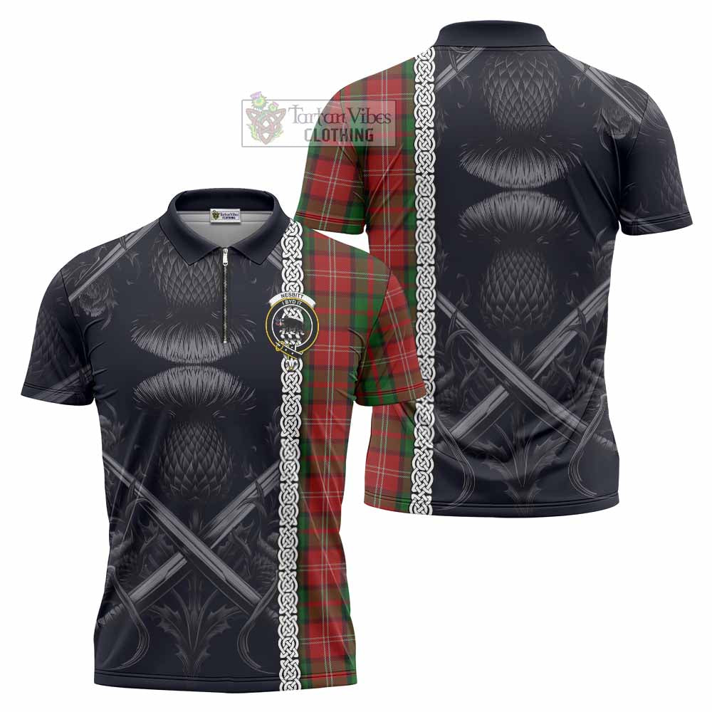 Tartan Vibes Clothing Nesbitt (Nisbet) Tartan Zipper Polo Shirt with Family Crest Cross Sword Thistle Celtic Vibes