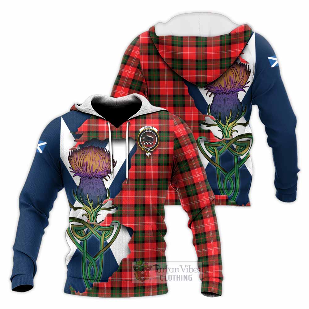 Tartan Vibes Clothing Nesbitt (Nisbet) Tartan Family Crest Knitted Hoodie Scottish Thistle Celtic Inspired