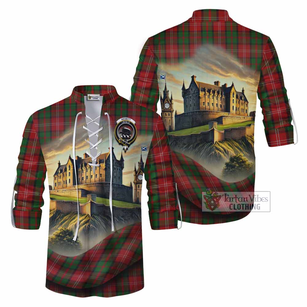 Tartan Vibes Clothing Nesbitt (Nisbet) Tartan Family Crest Ghillie Kilt Shirt with Scottish Ancient Castle Style