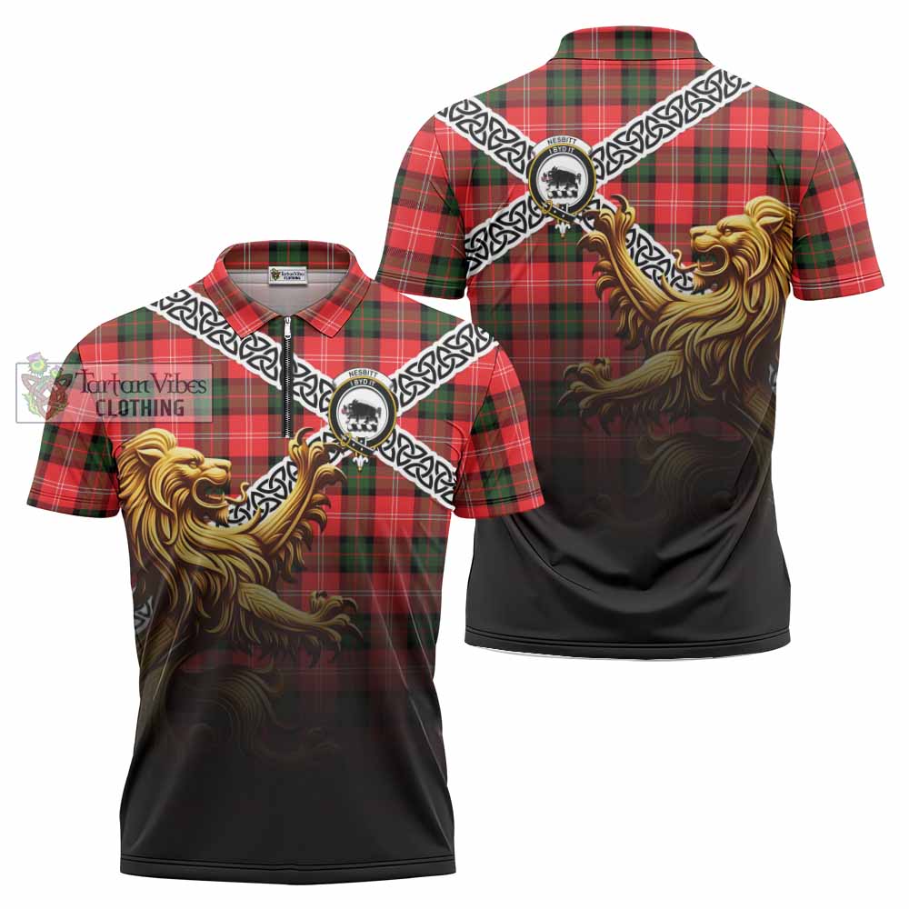 Tartan Vibes Clothing Nesbitt (Nisbet) Crest Tartan Zipper Polo Shirt with Golden Lion Emblem Celtic Style