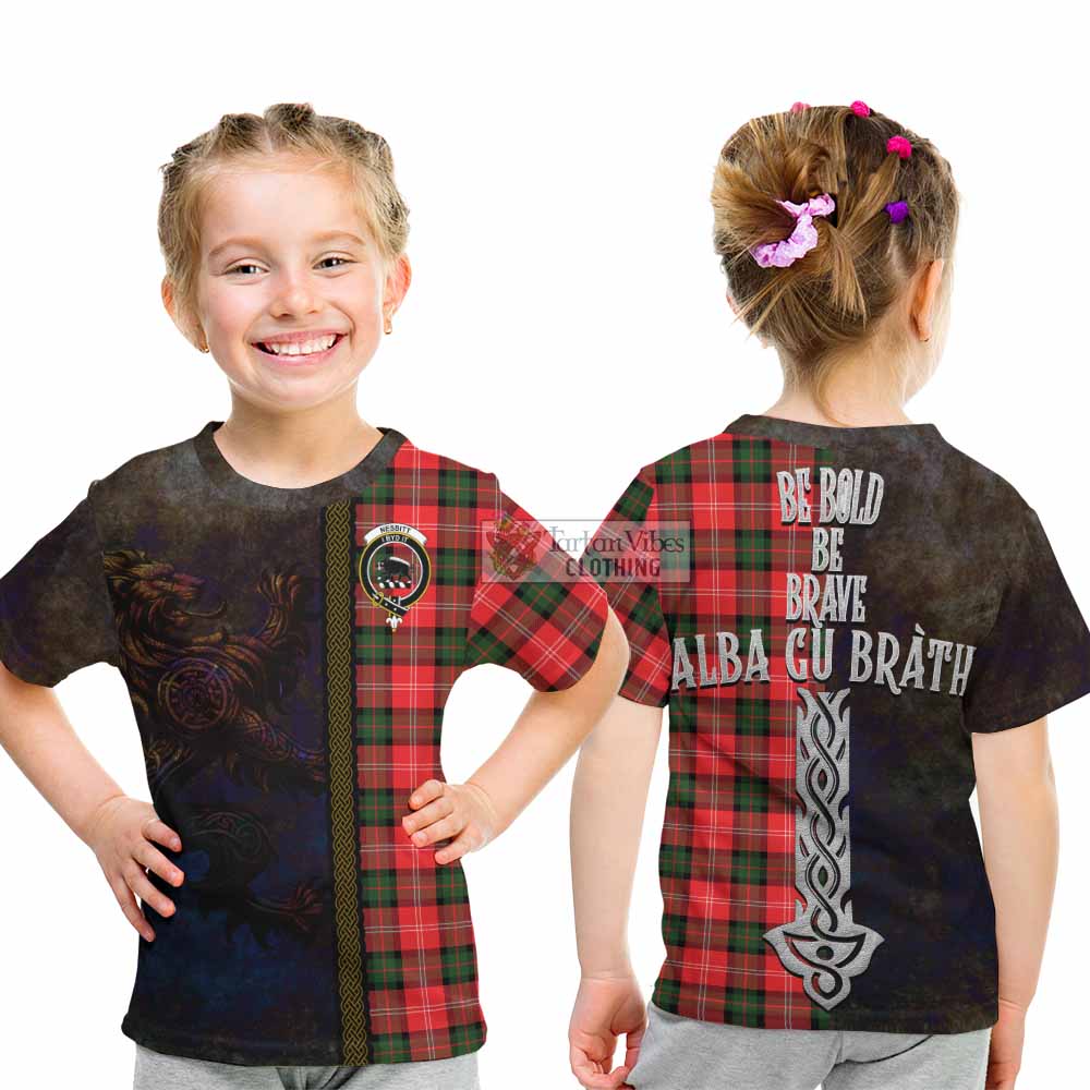 Tartan Vibes Clothing Nesbitt (Nisbet) Tartan Family Crest Kid T-Shirt Alba Gu Brath Be Brave Lion Ancient Style