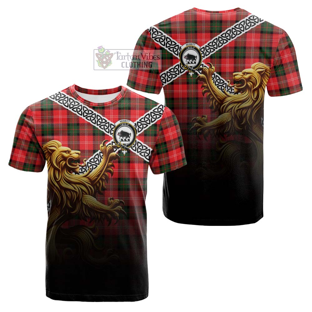 Tartan Vibes Clothing Nesbitt (Nisbet) Crest Tartan Cotton T-shirt with Golden Lion Emblem Celtic Style