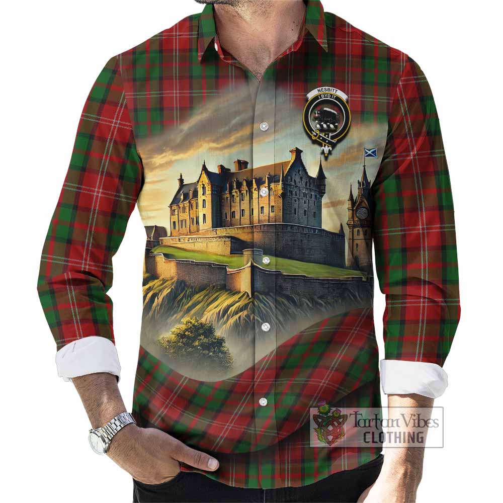 Tartan Vibes Clothing Nesbitt (Nisbet) Tartan Family Crest Long Sleeve Button Shirt with Scottish Ancient Castle Style