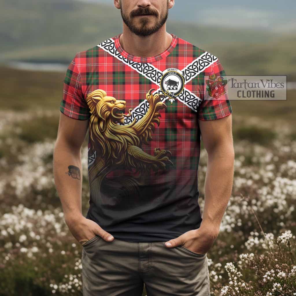 Tartan Vibes Clothing Nesbitt (Nisbet) Crest Tartan T-Shirt with Golden Lion Emblem Celtic Style
