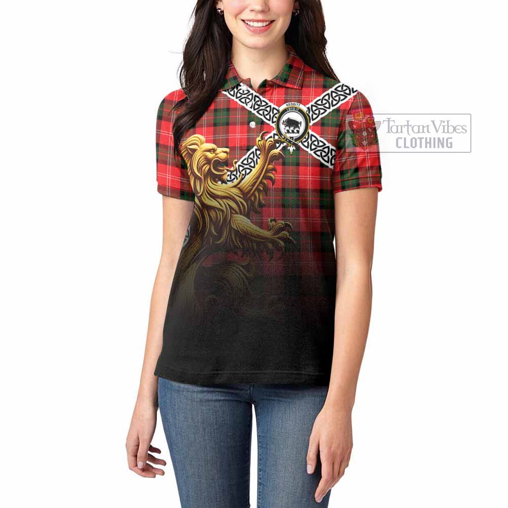 Tartan Vibes Clothing Nesbitt (Nisbet) Crest Tartan Women's Polo Shirt with Golden Lion Emblem Celtic Style