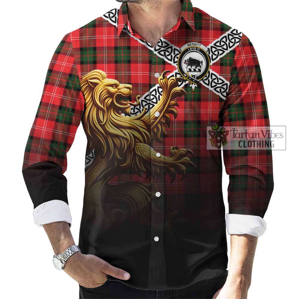 Tartan Vibes Clothing Nesbitt (Nisbet) Crest Tartan Long Sleeve Button Shirt with Golden Lion Emblem Celtic Style