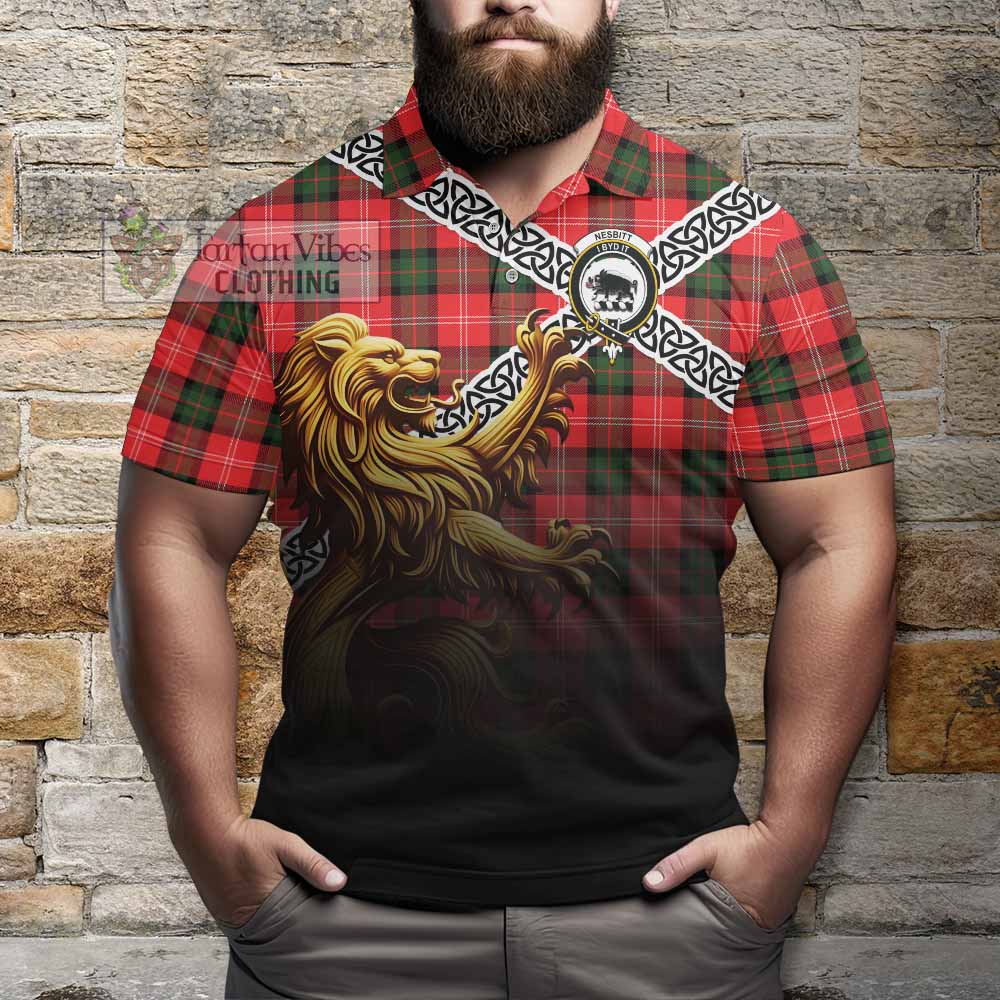 Tartan Vibes Clothing Nesbitt (Nisbet) Crest Tartan Polo Shirt with Golden Lion Emblem Celtic Style