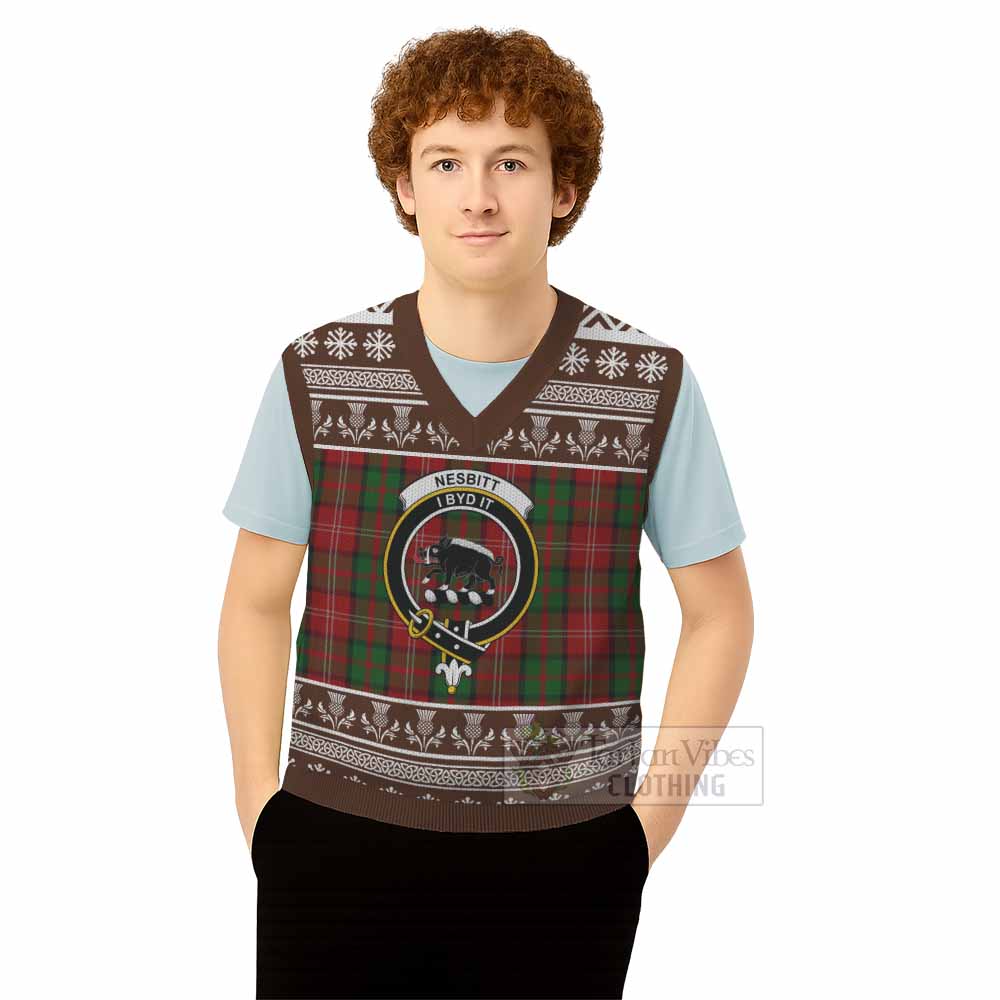 Nesbitt (Nisbet) Clan Tartan Christmas Knitted V-Neck Vest with Family Crest - Tartan Vibes Clothing