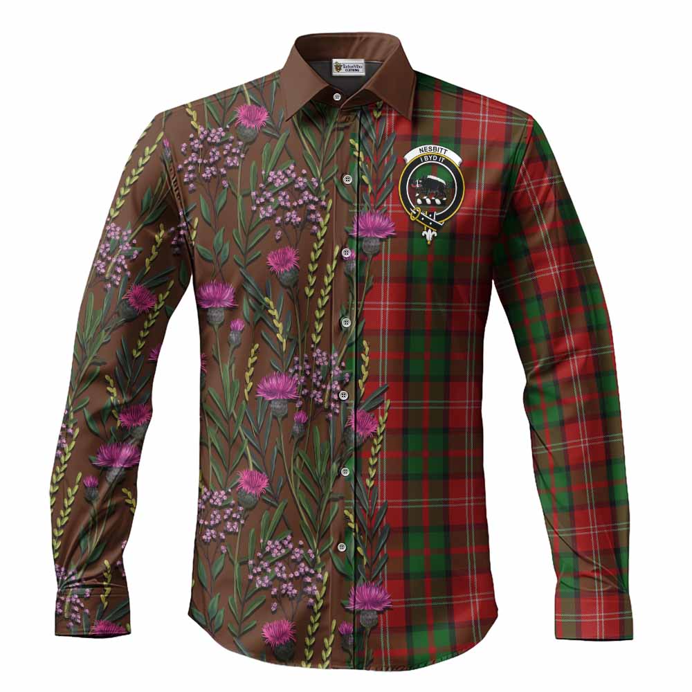 Nesbitt (Nisbet) Family Crest Tartan Long Sleeve Button Shirts Scottish Thistle Flower Pattern Half Style - Tartan Vibes Clothing