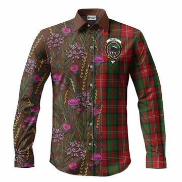Nesbitt (Nisbet) Family Crest Tartan Long Sleeve Button Shirts Scottish Thistle Flower Pattern Half Style