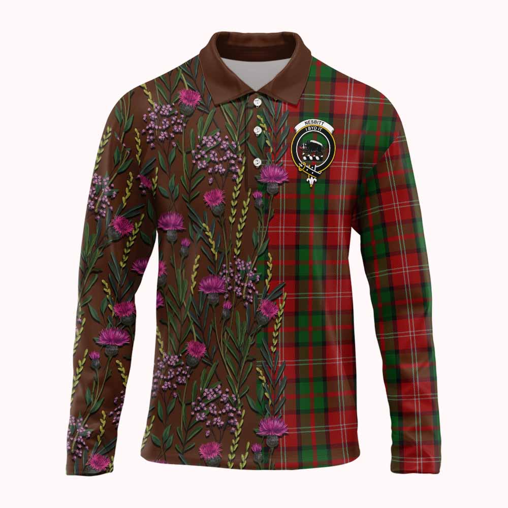 Nesbitt (Nisbet) Family Crest Tartan Long Sleeve Polo Shirt Scottish Thistle Flower Pattern Half Style - Tartan Vibes Clothing