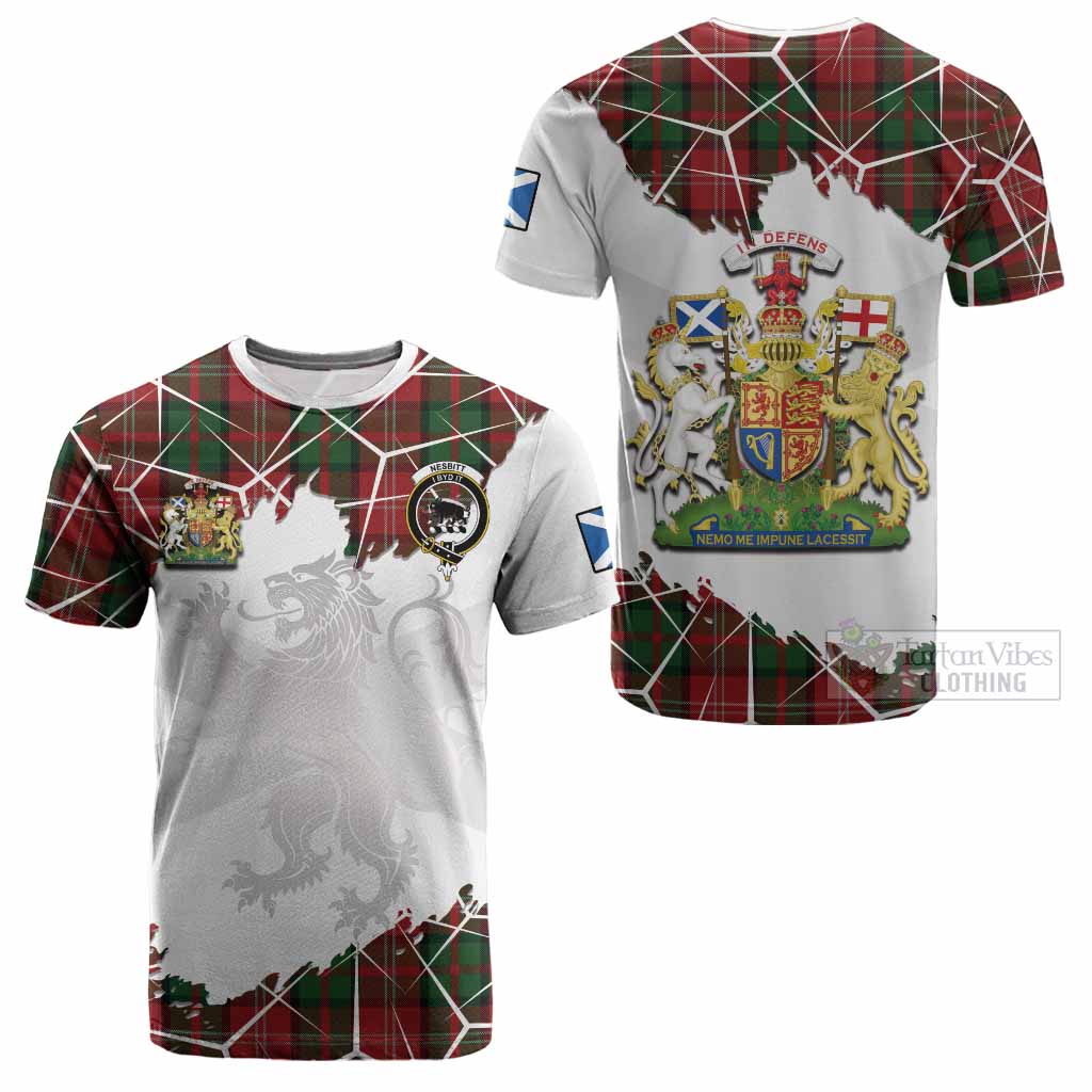 Nesbitt (Nisbet) Tartan Cotton T-shirt with Family Crest and Lion Rampant Grunge Style