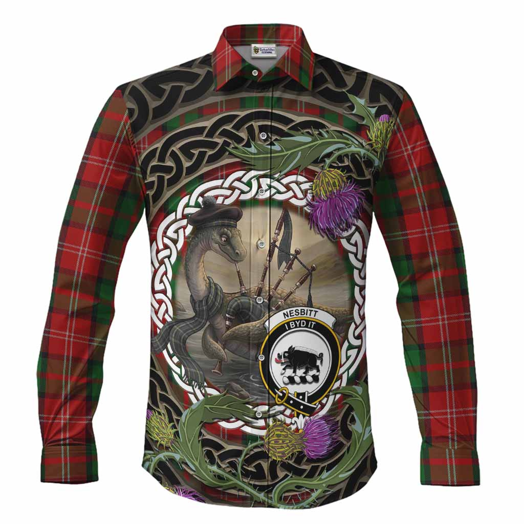 Nesbitt (Nisbet) Tartan Crest Bagpipe Nessie Long Sleeve Button Shirts Scottish Loch Ness Monster Celtic Thistle