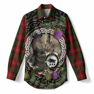 Nesbitt (Nisbet) Tartan Crest Bagpipe Nessie Women Casual Shirt Scottish Loch Ness Monster Celtic Thistle