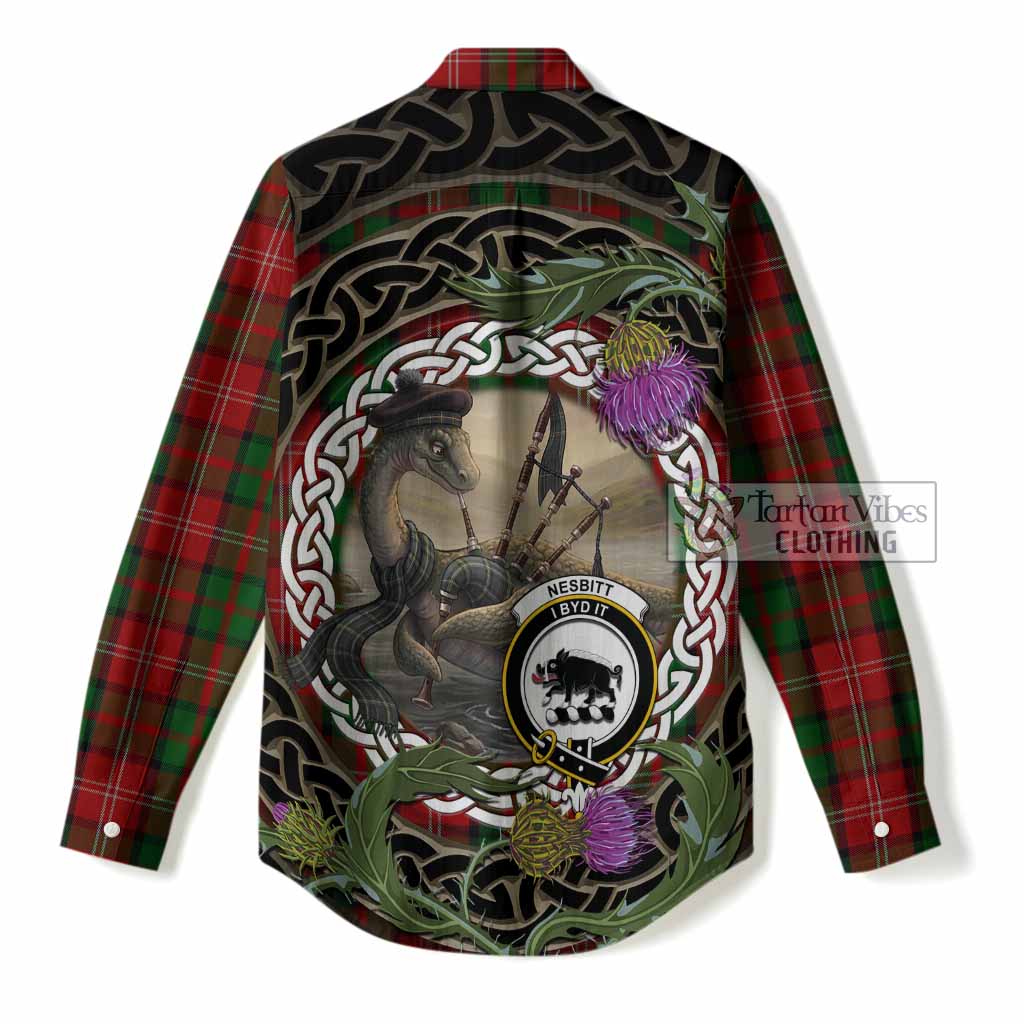 Nesbitt (Nisbet) Tartan Crest Bagpipe Nessie Women Casual Shirt Scottish Loch Ness Monster Celtic Thistle