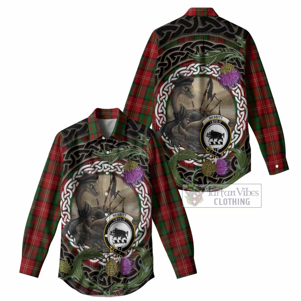 Nesbitt (Nisbet) Tartan Crest Bagpipe Nessie Women Casual Shirt Scottish Loch Ness Monster Celtic Thistle