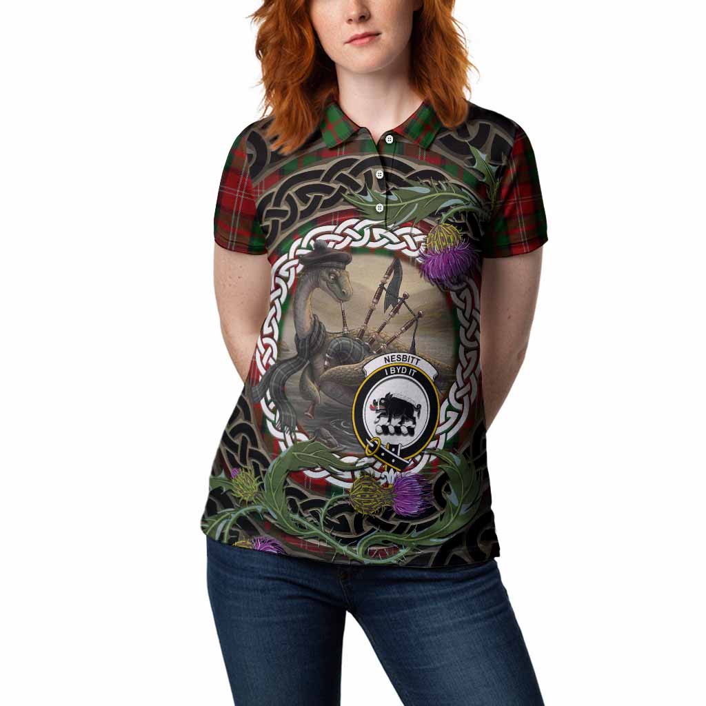 Nesbitt (Nisbet) Tartan Crest Bagpipe Nessie Women Polo Shirt Scottish Loch Ness Monster Celtic Thistle