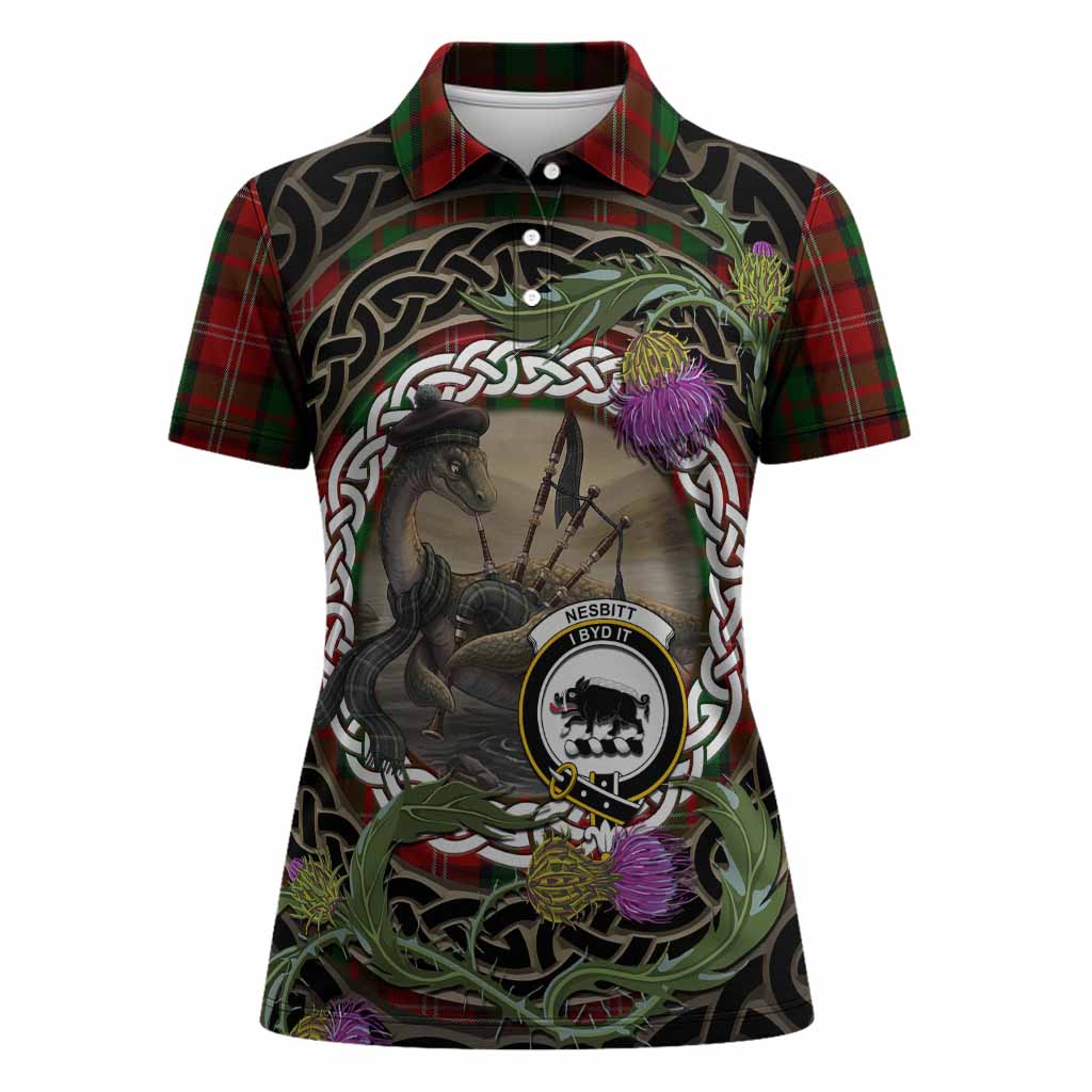 Nesbitt (Nisbet) Tartan Crest Bagpipe Nessie Women Polo Shirt Scottish Loch Ness Monster Celtic Thistle