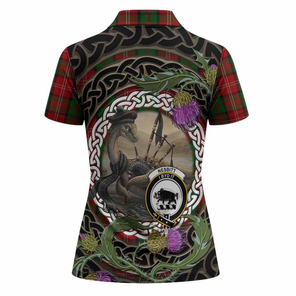 Nesbitt (Nisbet) Tartan Crest Bagpipe Nessie Women Polo Shirt Scottish Loch Ness Monster Celtic Thistle