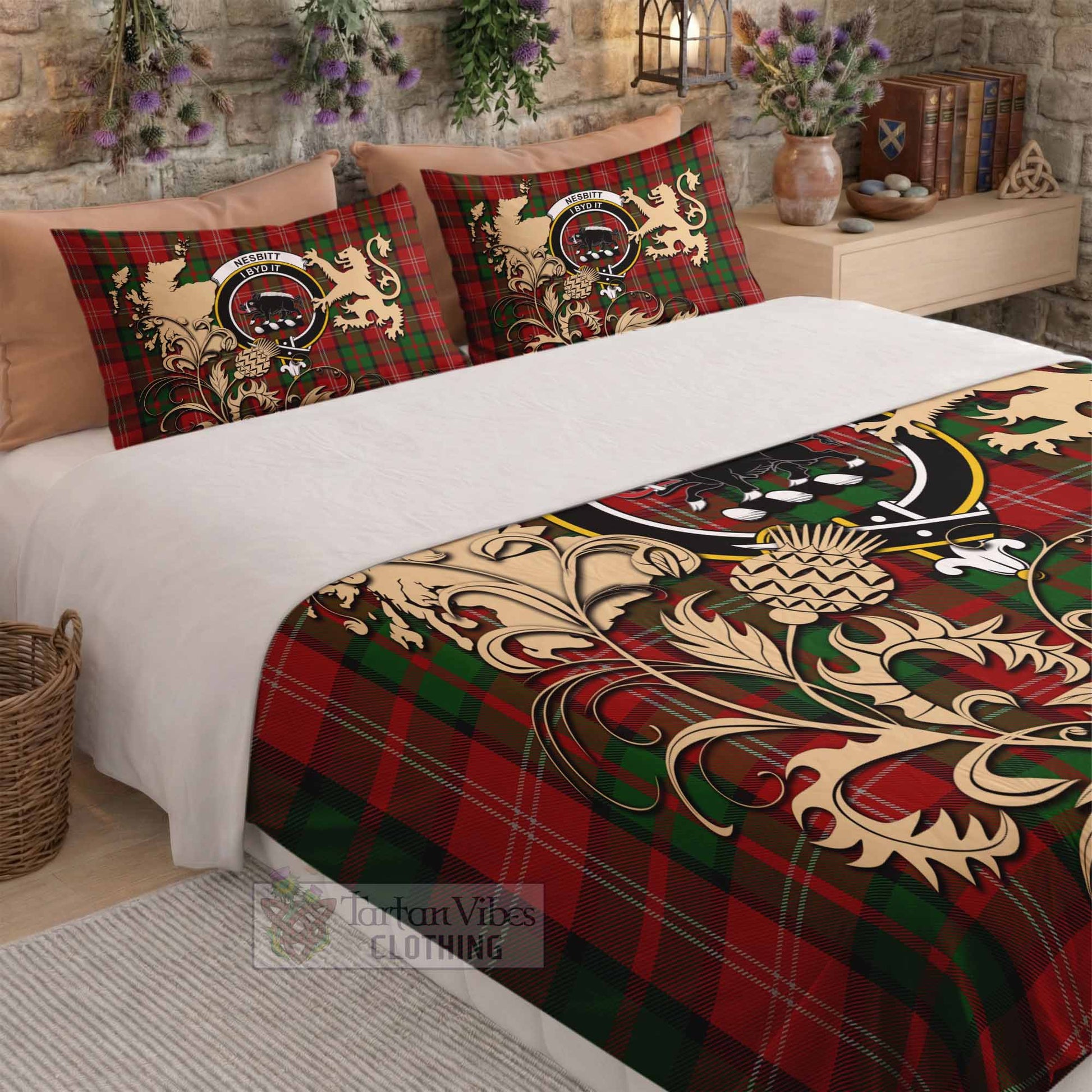 Nesbitt (Nisbet) Tartan Crest Bedding Set with Scottish Iconic Symbols 