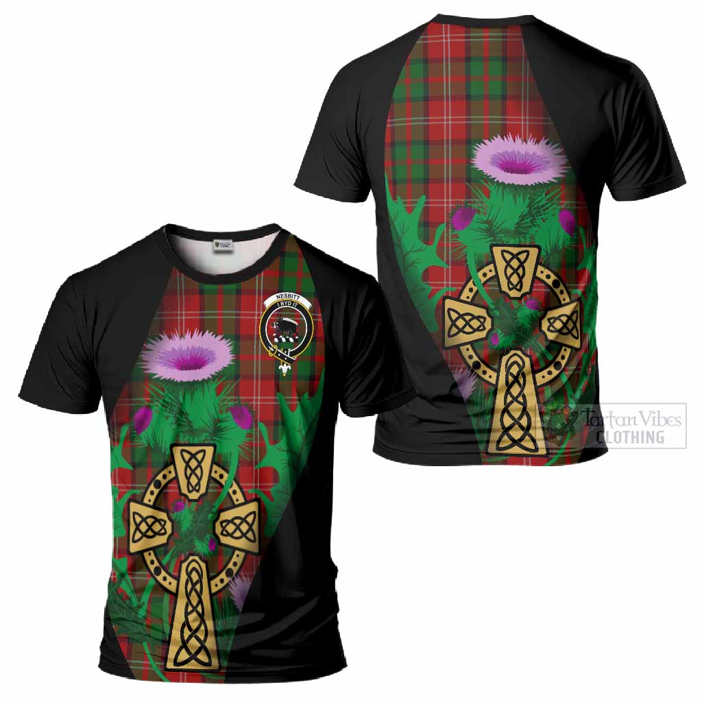 Nesbitt (Nisbet) Tartan Crest T-Shirt Celtic Cross Thistle Flowers
