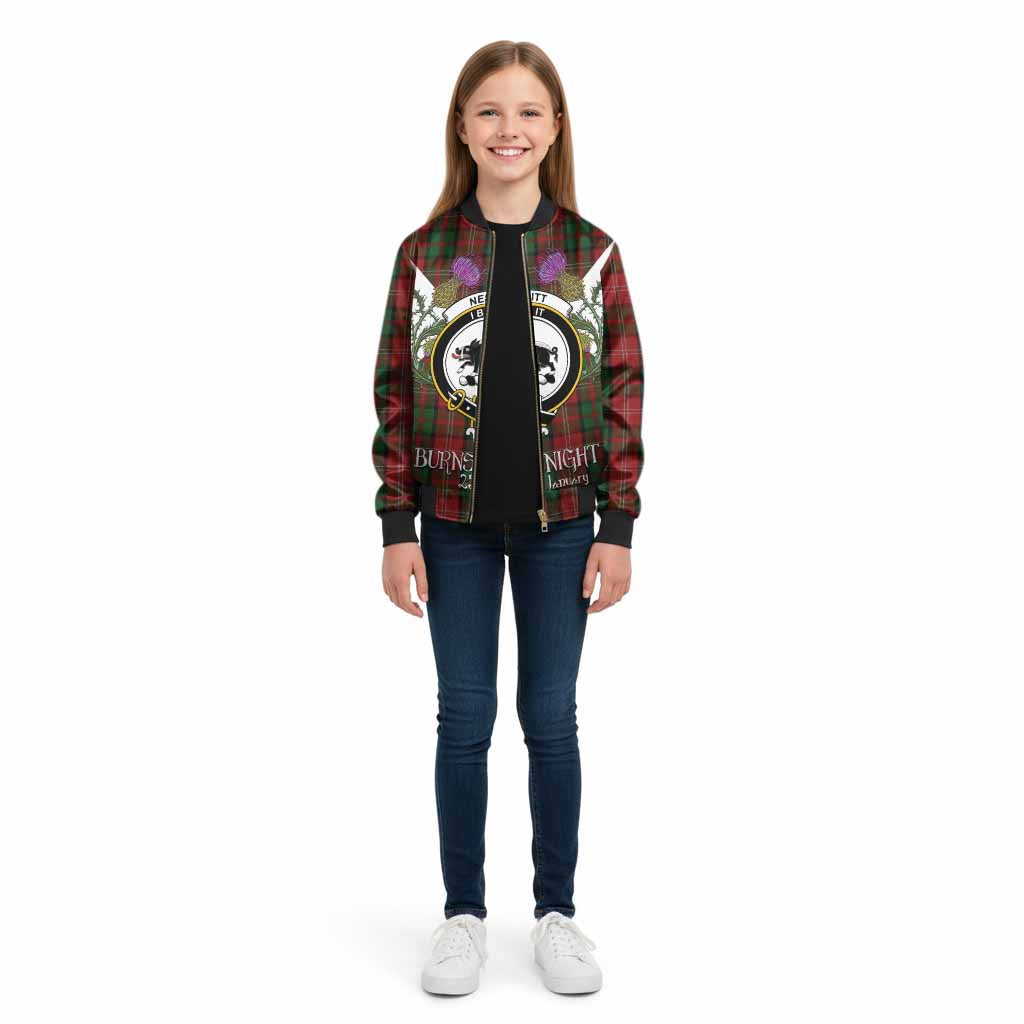 Nesbitt (Nisbet) Tartan Family Crest Kid Bomber Jacket Scottish Burns Night Thistle Floral