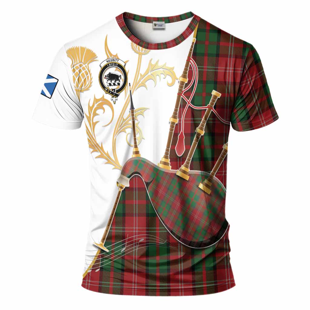 Nesbitt (Nisbet) Tartan Family Crest T-Shirt Bagpipes with Scottish Thistle