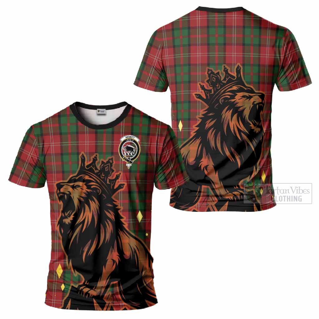 Nesbitt (Nisbet) Tartan Family Crest T-Shirt Crowned Lion Roaring