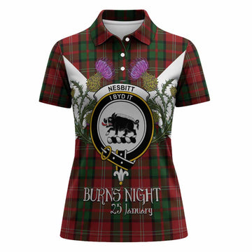 Nesbitt (Nisbet) Tartan Family Crest Women Polo Shirt Scottish Burns Night Thistle Floral
