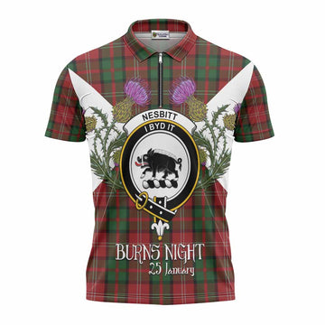 Nesbitt (Nisbet) Tartan Family Crest Zipper Polo Shirt Scottish Burns Night Thistle Floral