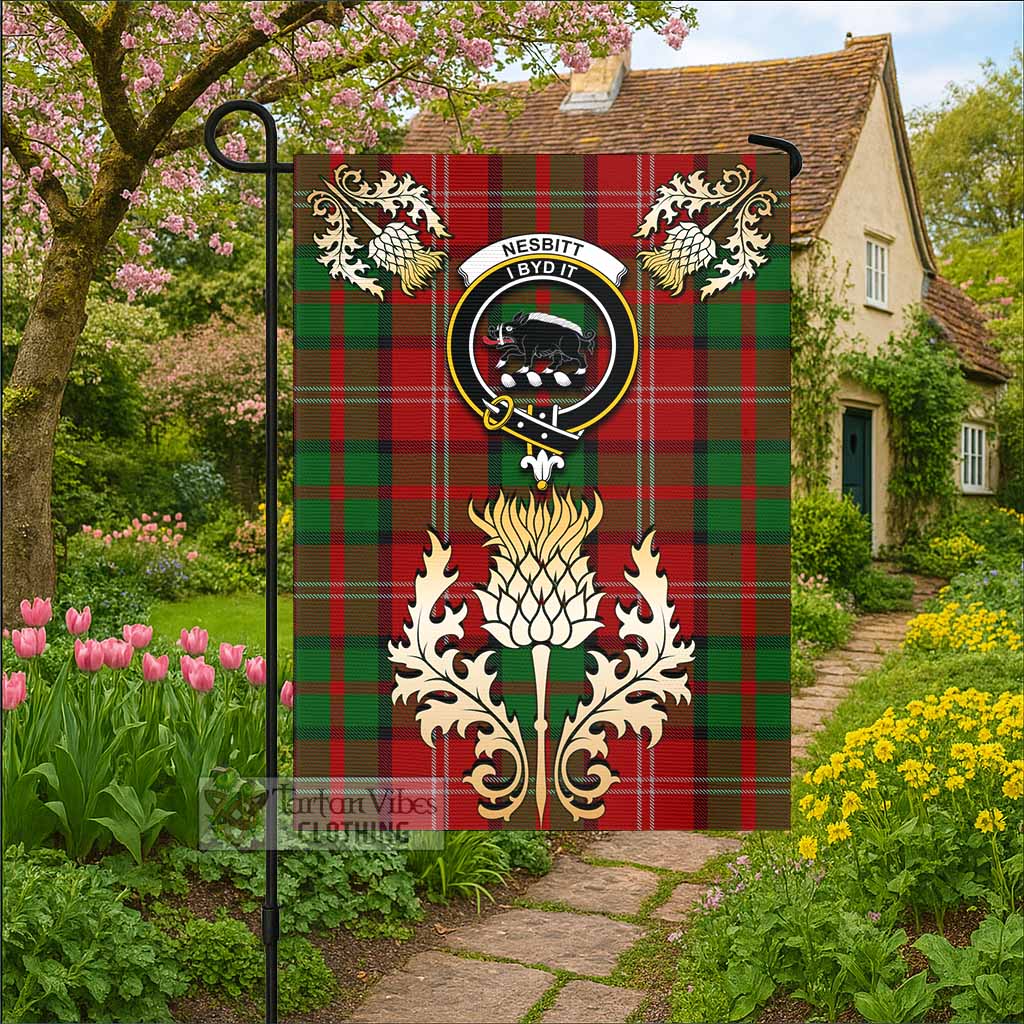 Nesbitt (Nisbet) Tartan Garden Flag with Golden Regal Scottish Thistle Emblem - Tartan Vibes Clothing