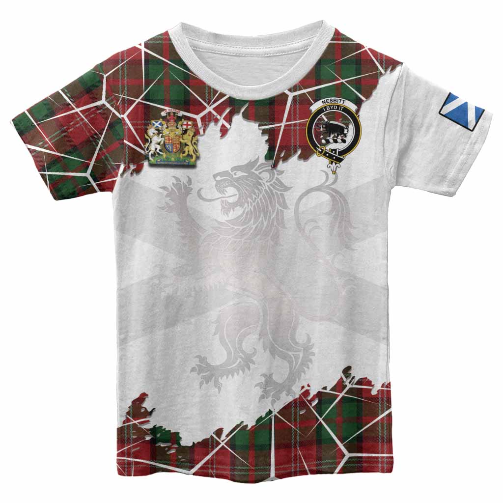 Nesbitt (Nisbet) Tartan Kid T-shirt with Family Crest and Lion Rampant Grunge Style
