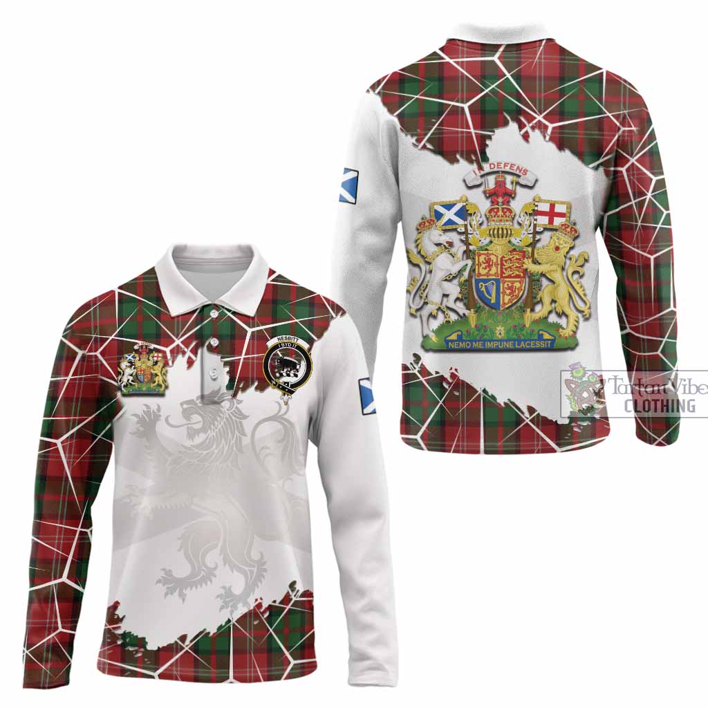 Nesbitt (Nisbet) Tartan Long Sleeve Polo Shirt with Family Crest and Lion Rampant Grunge Style