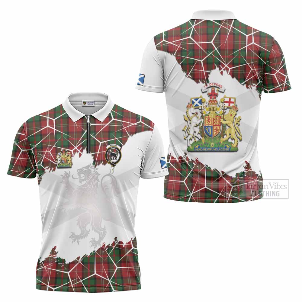Nesbitt (Nisbet) Tartan Zipper Polo Shirt with Family Crest and Lion Rampant Grunge Style