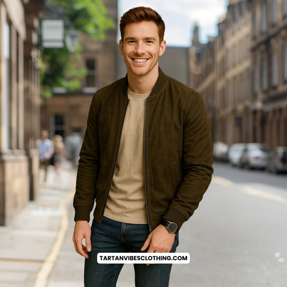 Neutral T-shirt with a bomber jacket, jeans, boots, and a wristwatch.