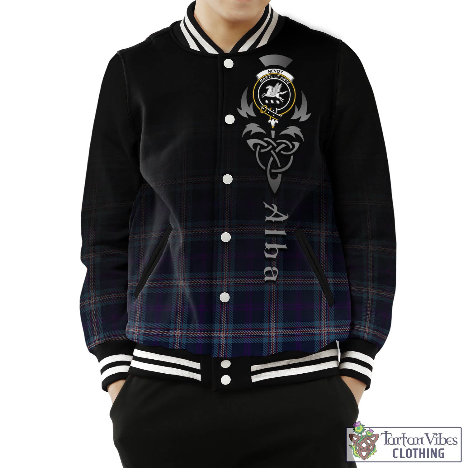 Nevoy Tartan Baseball Jacket Featuring Alba Gu Brath Family Crest Celtic Inspired Unisex - Tartan Vibes Clothing