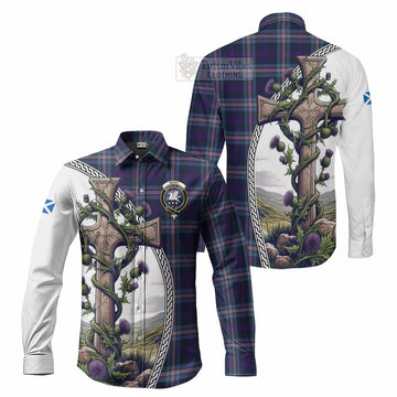 Nevoy Tartan Long Sleeve Button Shirt with Family Crest and St. Andrew's Cross Accented by Thistle Vines Men's Shirt S - Tartan Vibes Clothing
