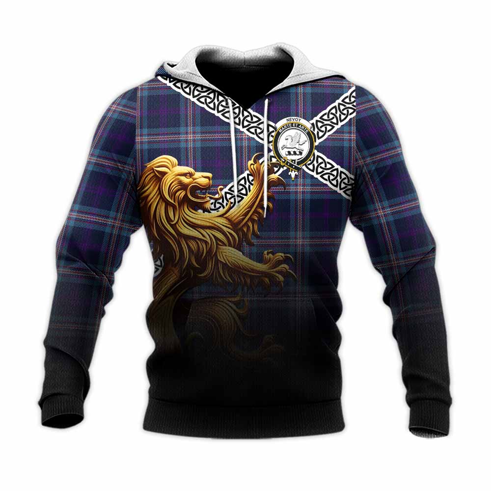 Nevoy Crest Tartan Knitted Hoodie with Golden Lion Emblem Celtic Style Unisex Knitted Pullover Hoodie - Tartan Vibes Clothing