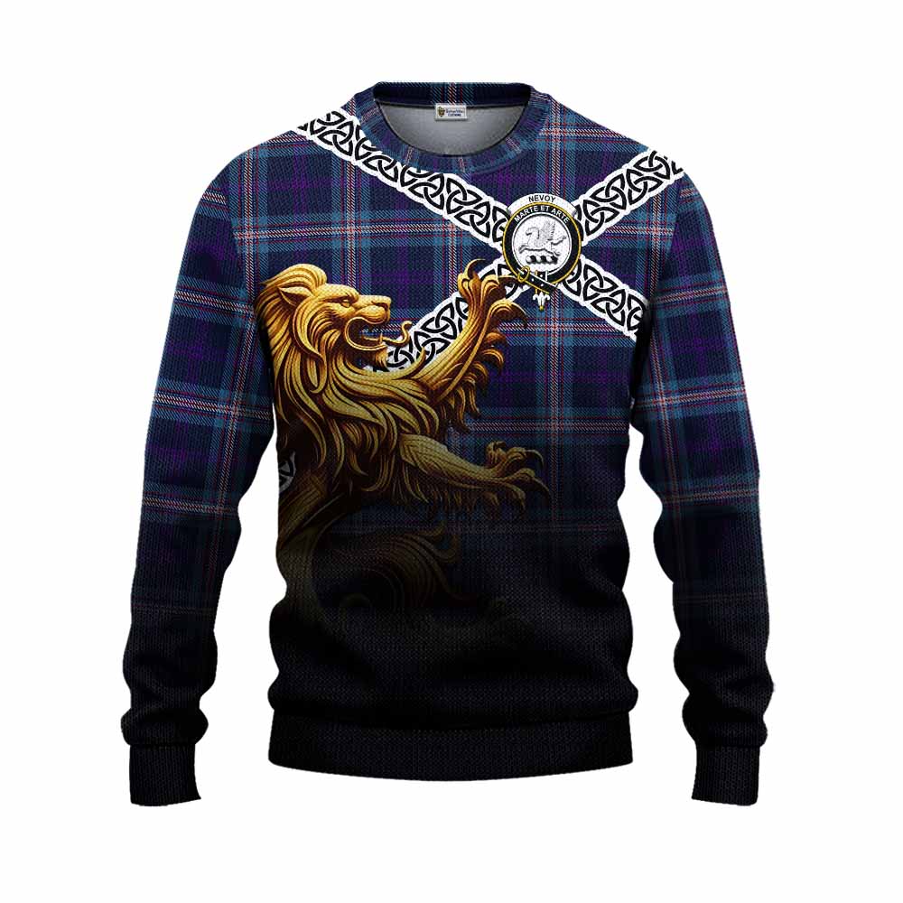 Nevoy Crest Tartan Knitted Sweater with Golden Lion Emblem Celtic Style Unisex - Tartan Vibes Clothing
