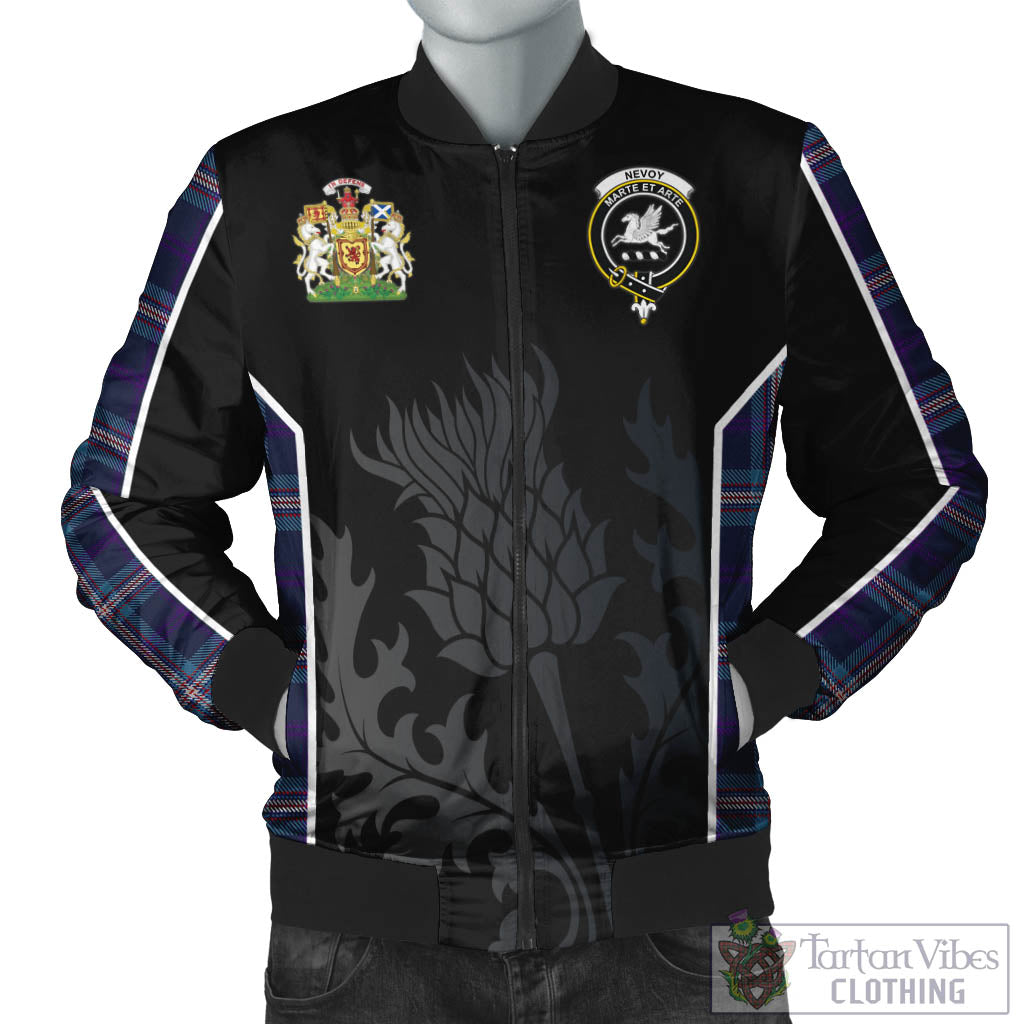 Nevoy Tartan Bomber Jacket with Family Crest and Scottish Thistle Vibes Sport Style Unisex Black - Tartan Vibes Clothing