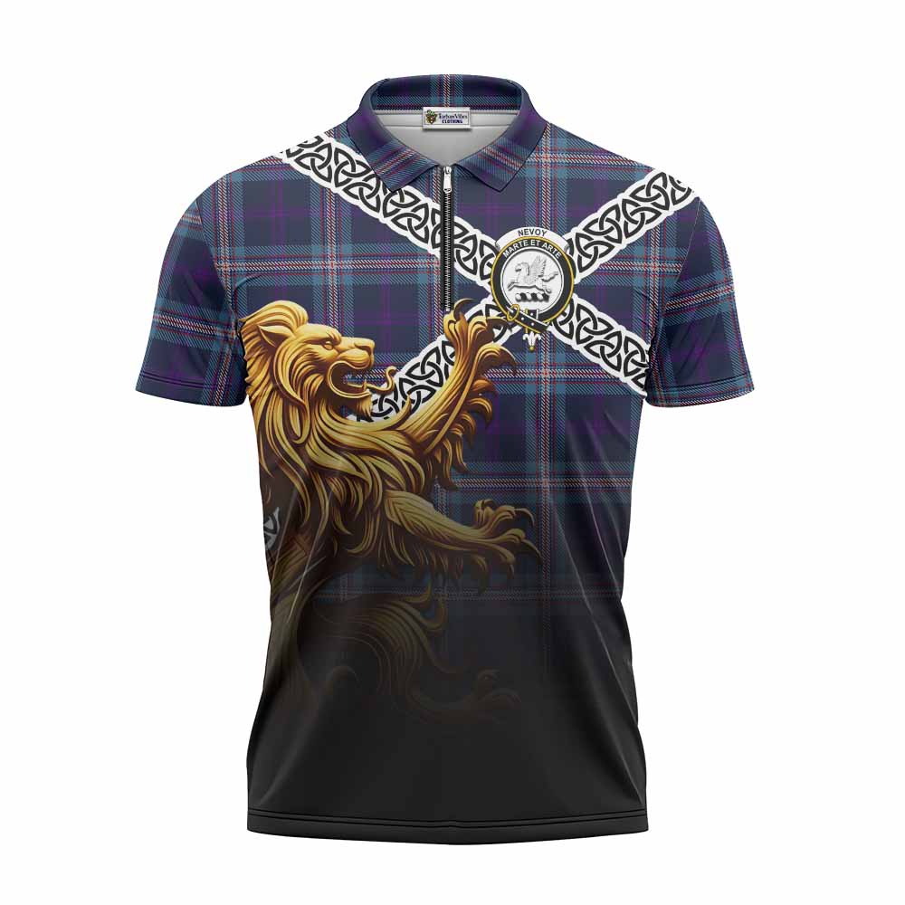 Nevoy Crest Tartan Zipper Polo Shirt with Golden Lion Emblem Celtic Style Unisex - Tartan Vibes Clothing