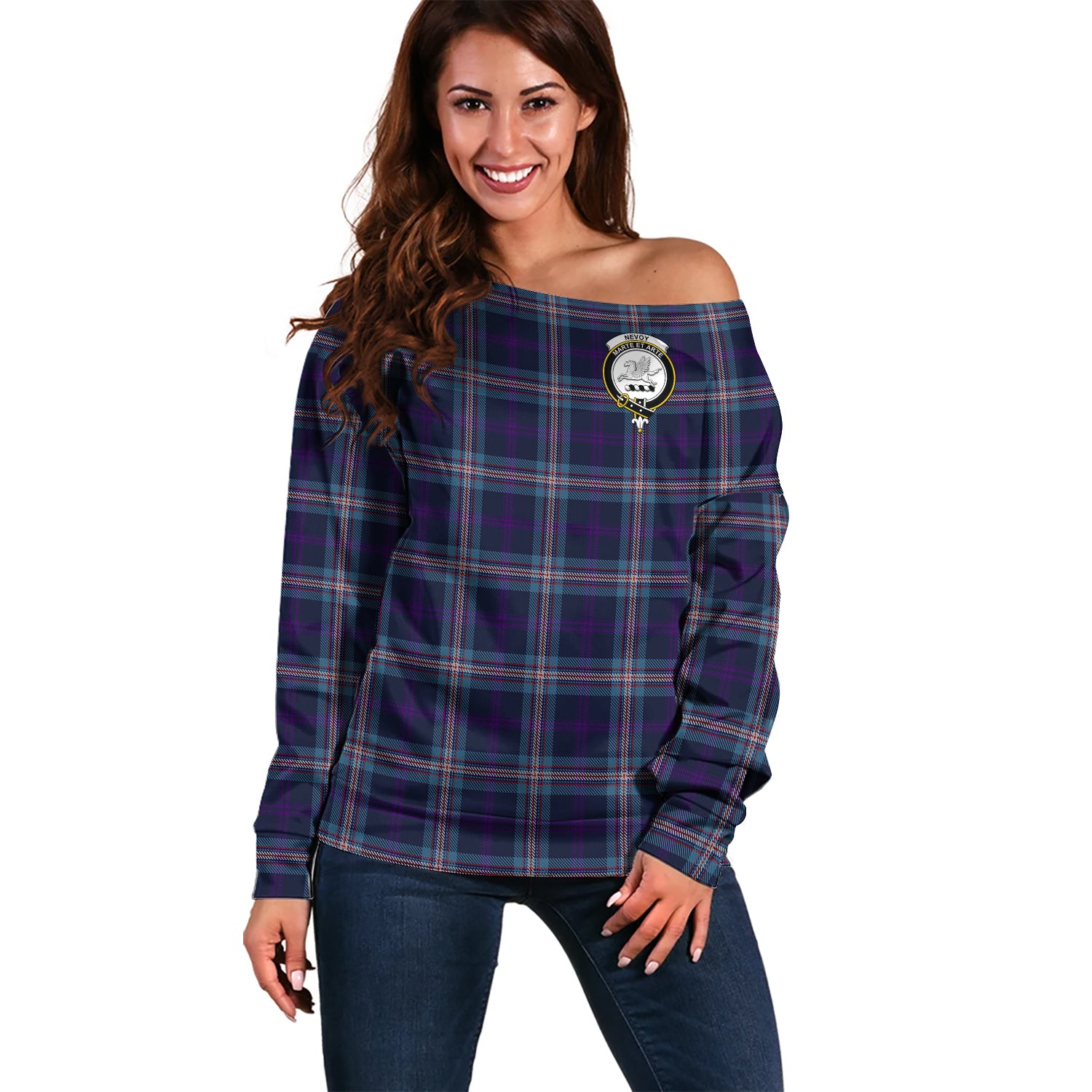 Nevoy Tartan Off Shoulder Women Sweater with Family Crest Women - Tartan Vibes Clothing
