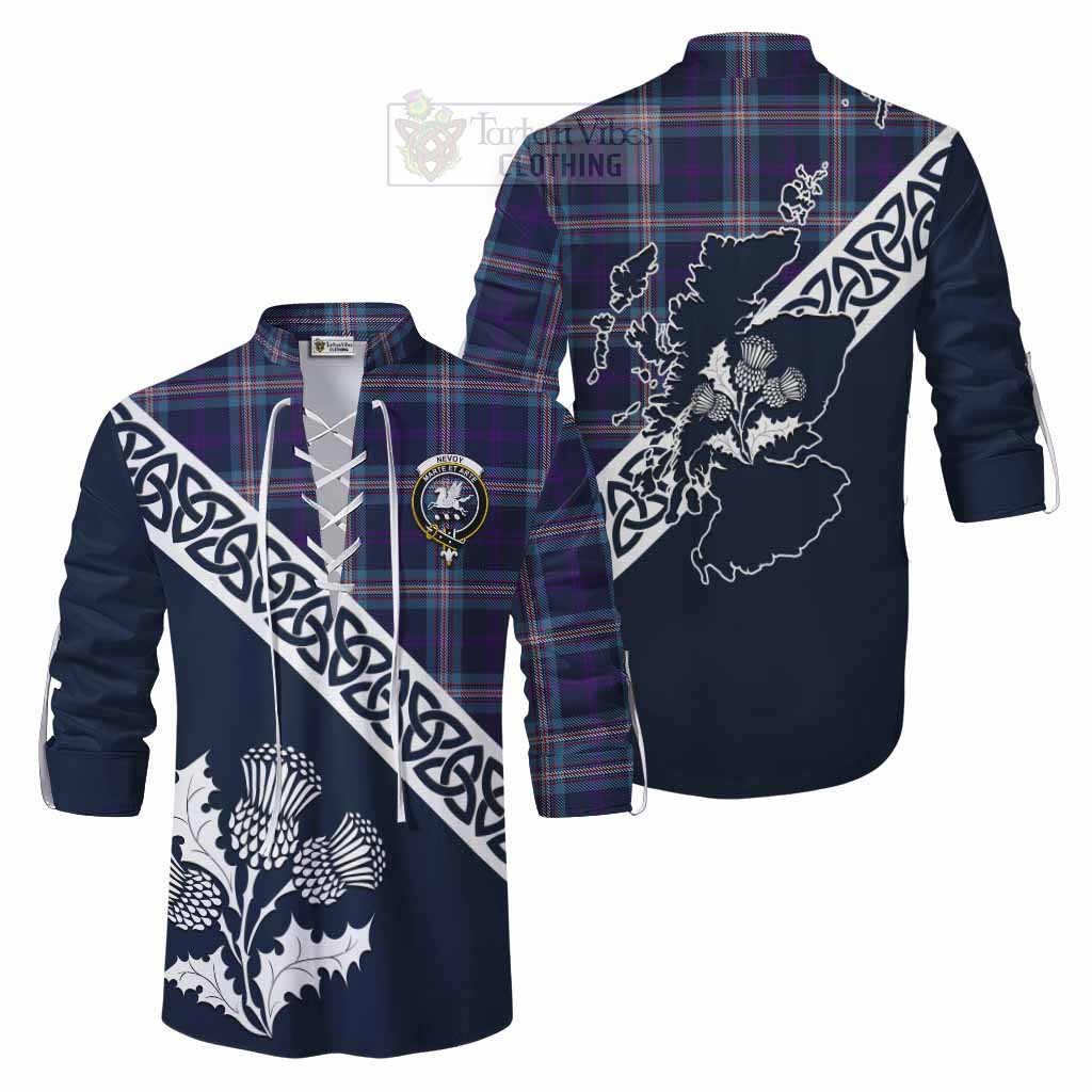 Nevoy Tartan Ghillie Kilt Shirt Featuring Thistle and Scotland Map Men - Tartan Vibes Clothing